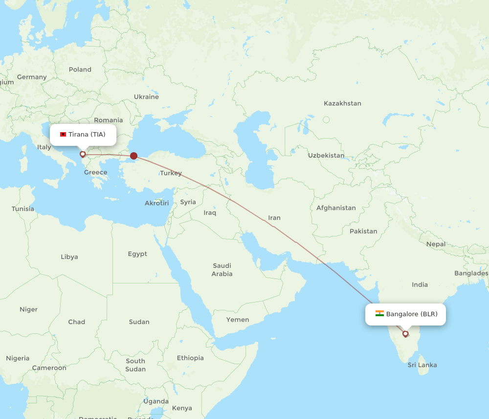TIA to BLR flights and routes map