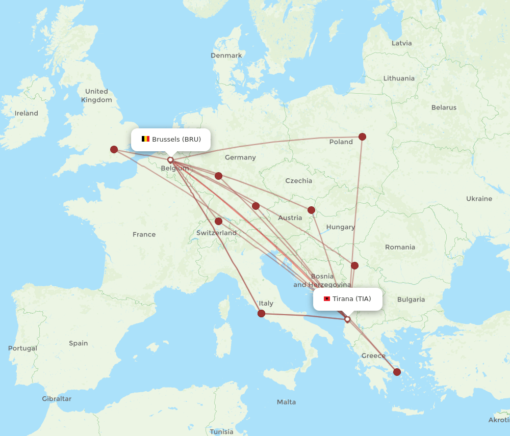TIA-BRU flight routes