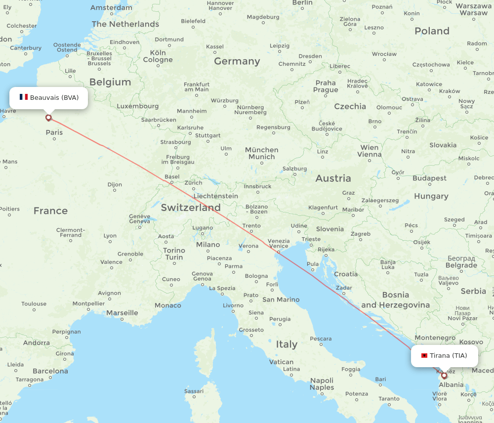 Tirana - Paris route map and flight paths