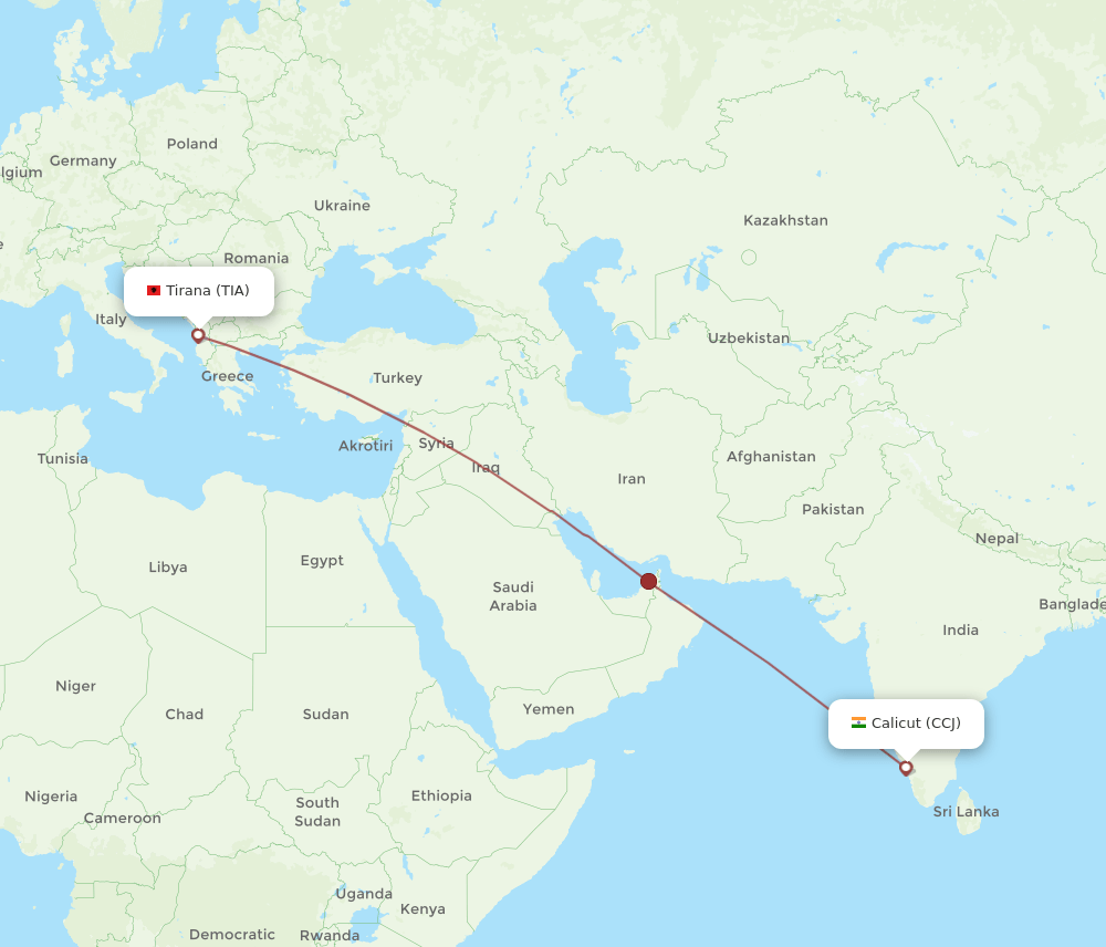 Kozhikode - Tirana route map and flight paths