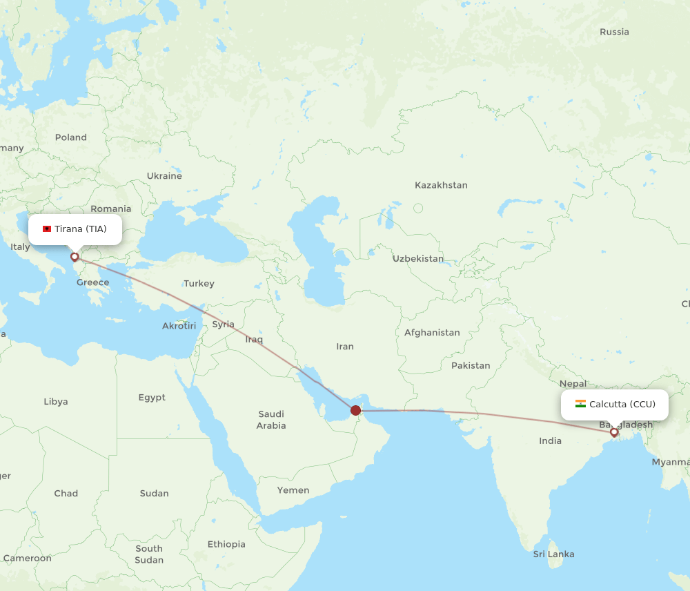 Tirana - Kolkata route map and flight paths