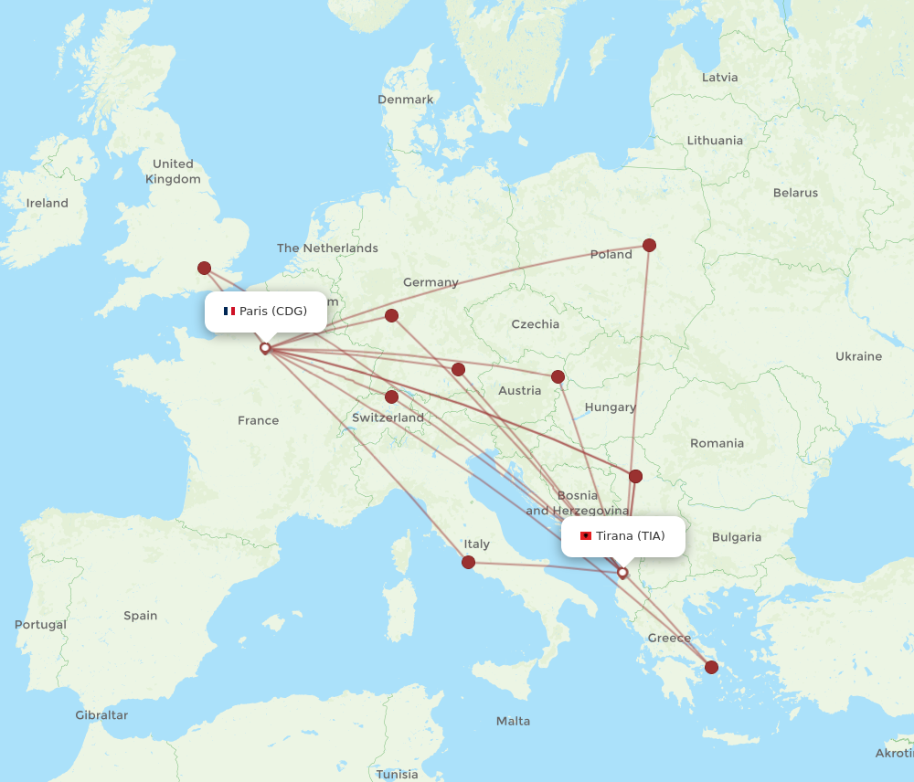 TIA to CDG flights and routes map