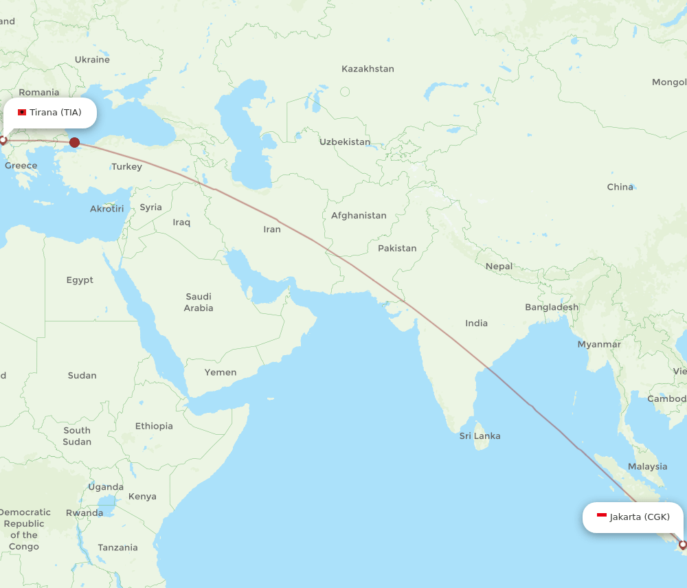 Tirana - Jakarta route map and flight paths