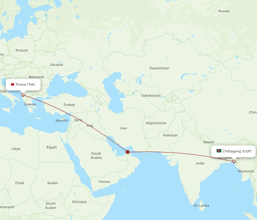 Chittagong - Tirana route map and flight paths