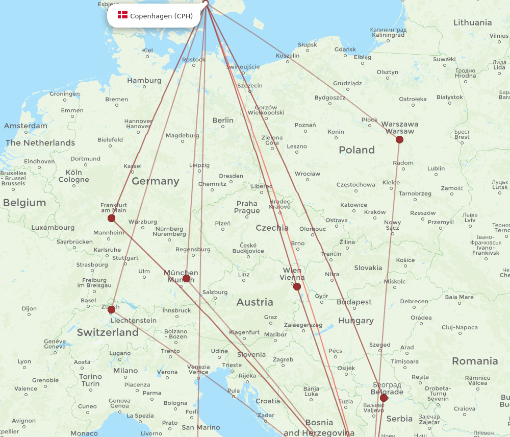 TIA-CPH flight routes