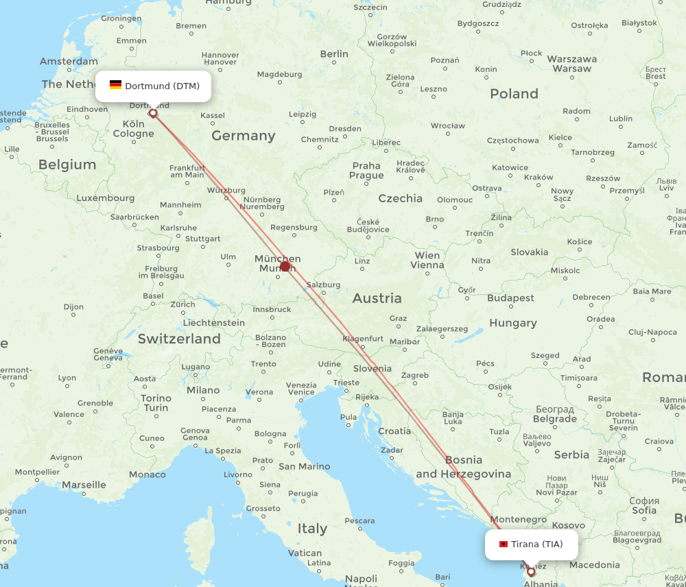 Tirana - Dortmund route map and flight paths
