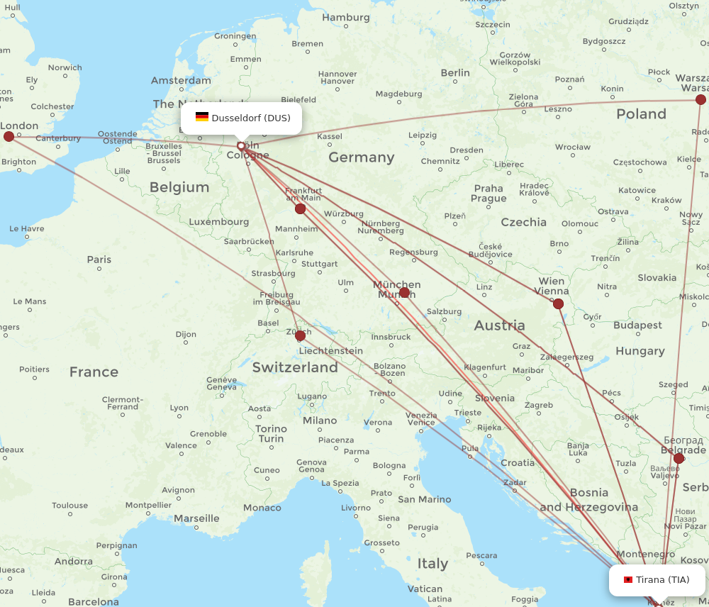 TIA to DUS flights and routes map