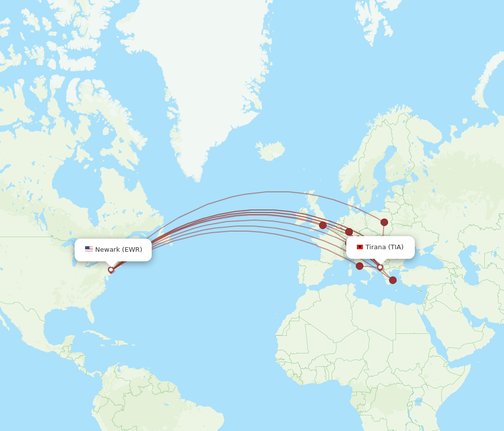 TIA-EWR flight routes