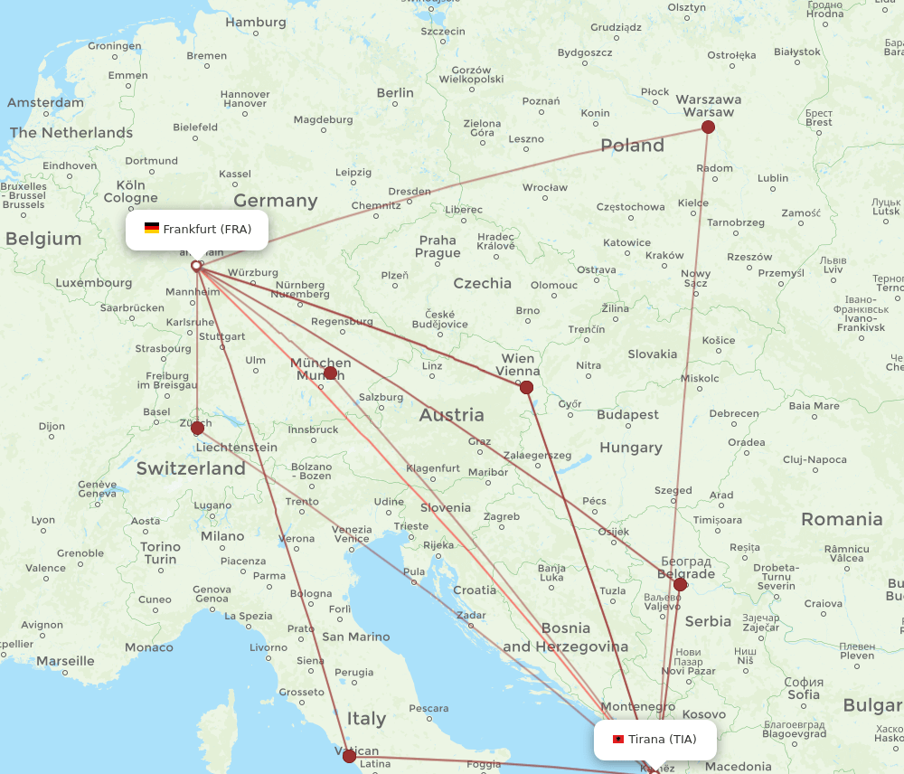TIA-FRA flight routes