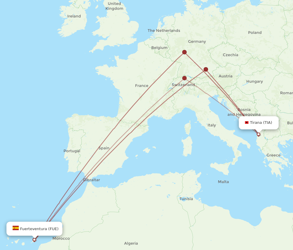TIA to FUE flights and routes map