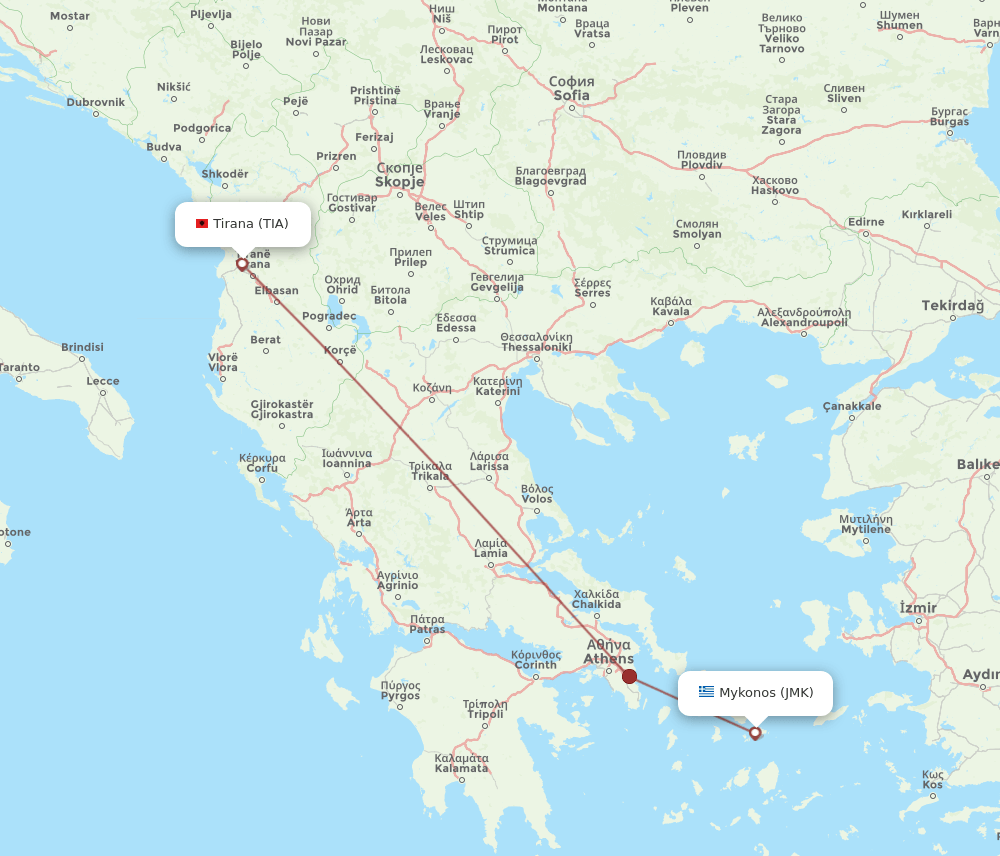 TIA to JMK flights and routes map