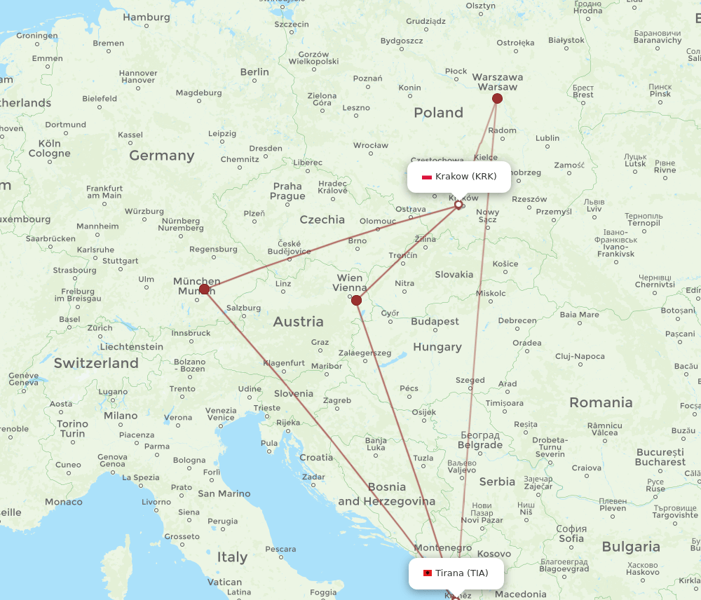 TIA-KRK flight routes