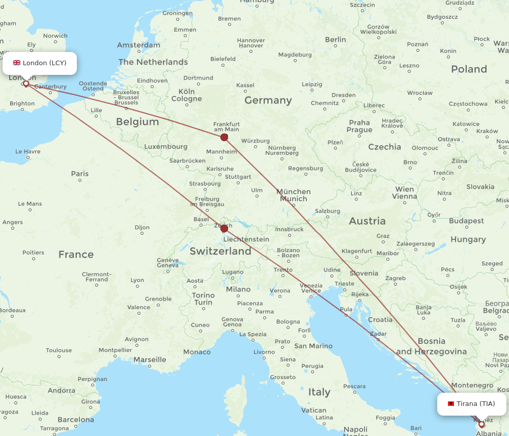 TIA to LCY flights and routes map
