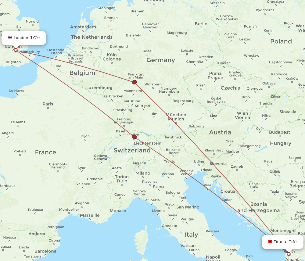 TIA-LCY flight routes