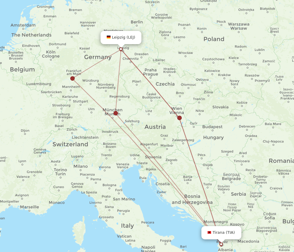 TIA-LEJ flight routes