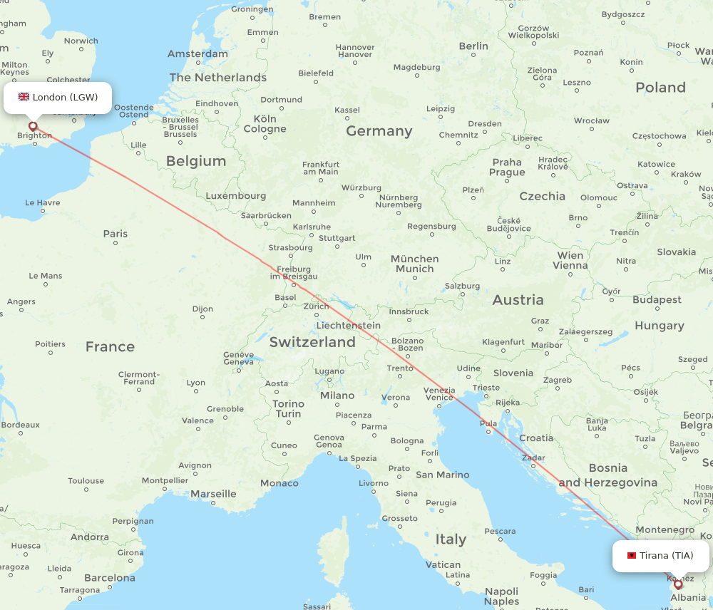 TIA to LGW flights and routes map