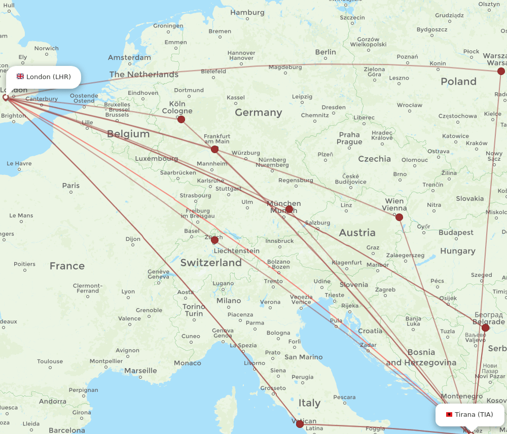 TIA-LHR flight routes