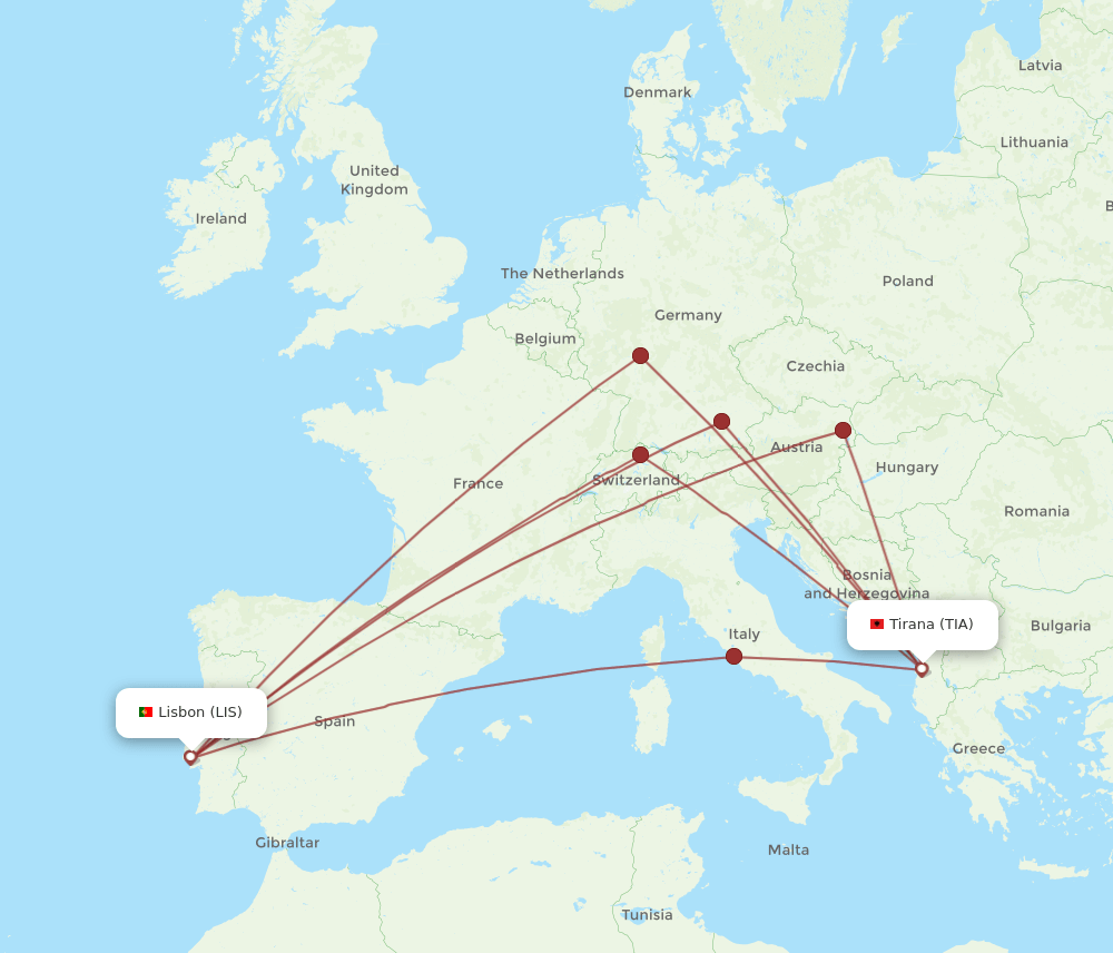 TIA-LIS flight routes