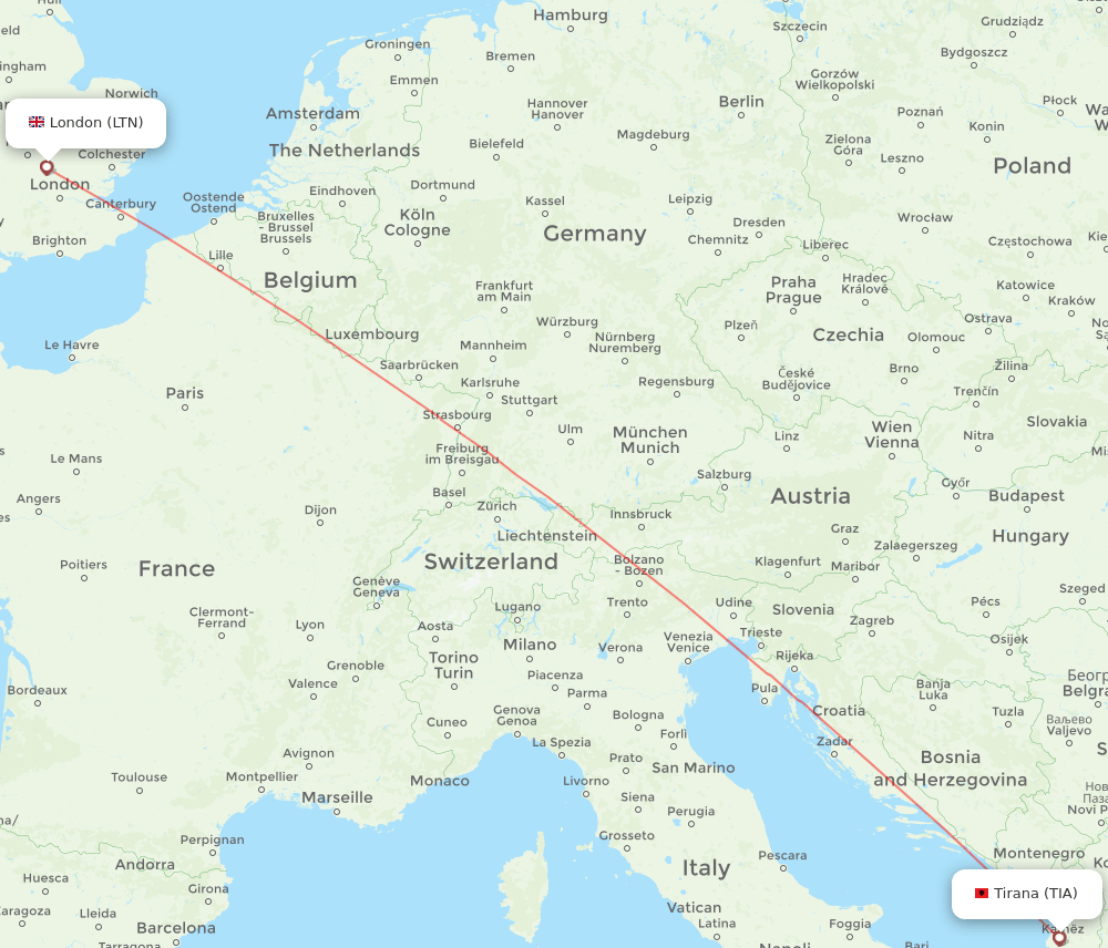 TIA to LTN flights and routes map