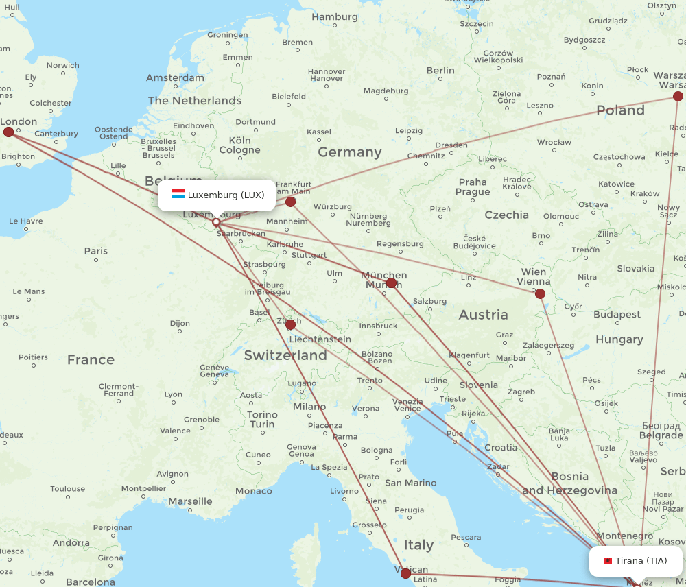 TIA to LUX flights and routes map