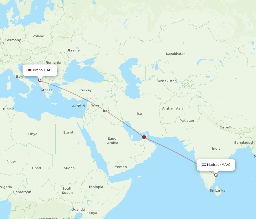 Tirana - Chennai route map and flight paths