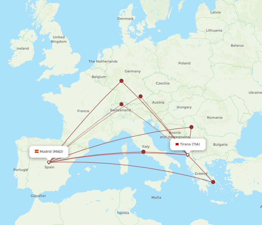 TIA to MAD flights and routes map