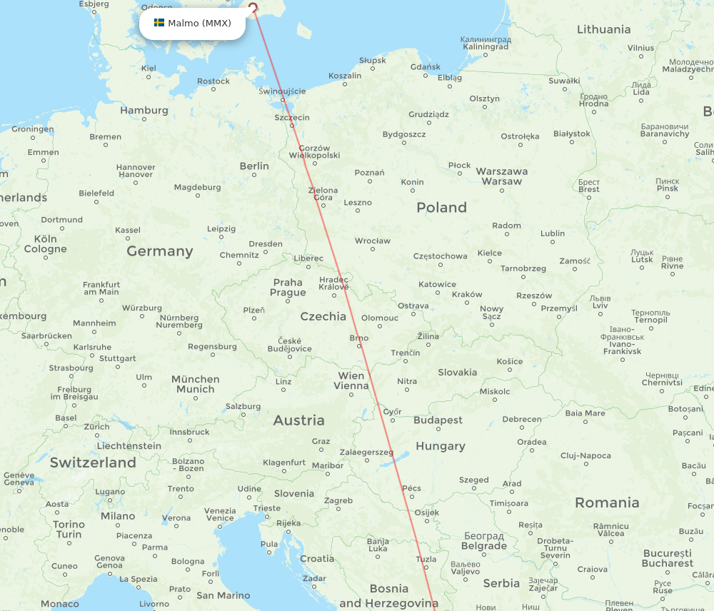 Tirana - Malmo route map and flight paths