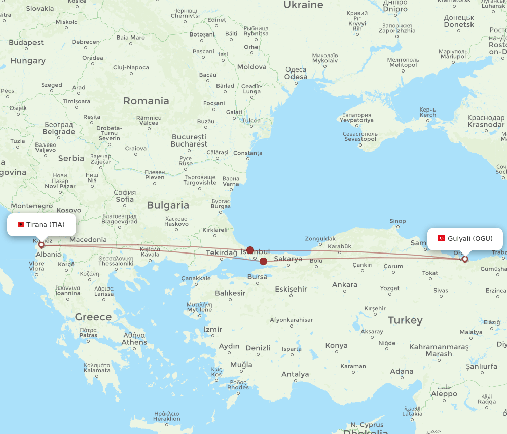 TIA to OGU flights and routes map