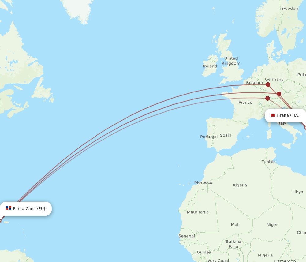 TIA to PUJ flights and routes map