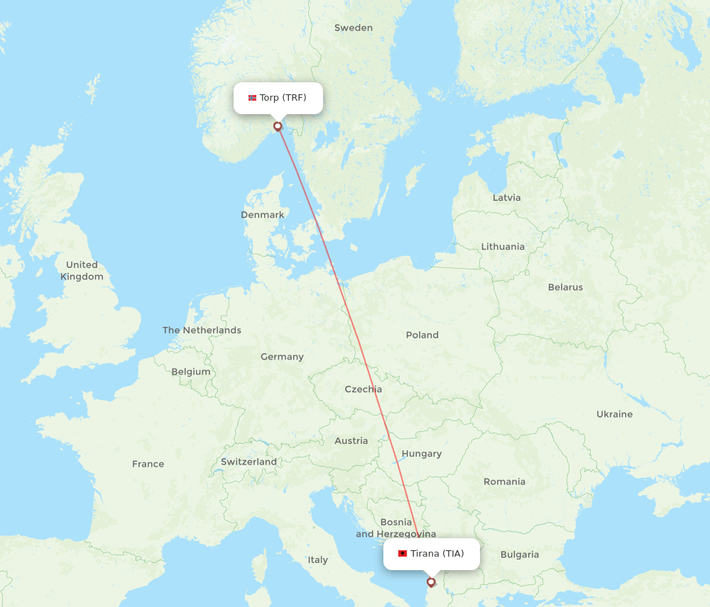 Tirana - Sandefjord route map and flight paths