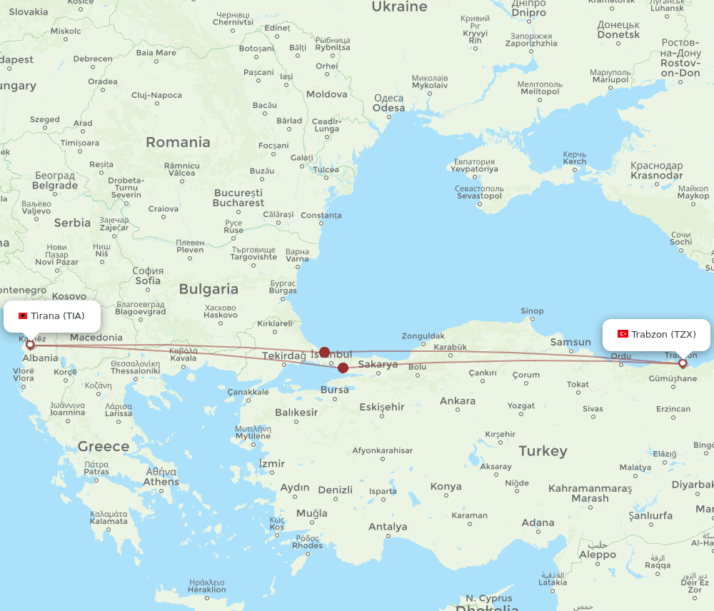 TIA to TZX flights and routes map