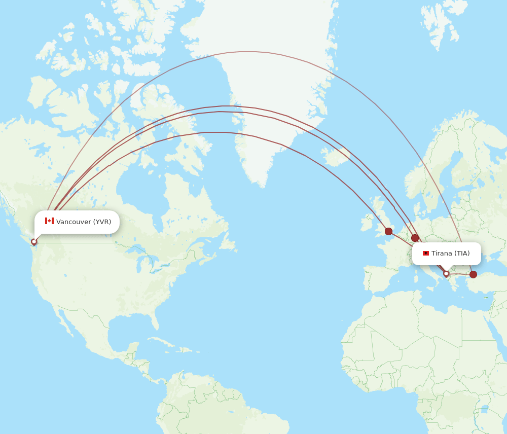 Vancouver - Tirana route map and flight paths