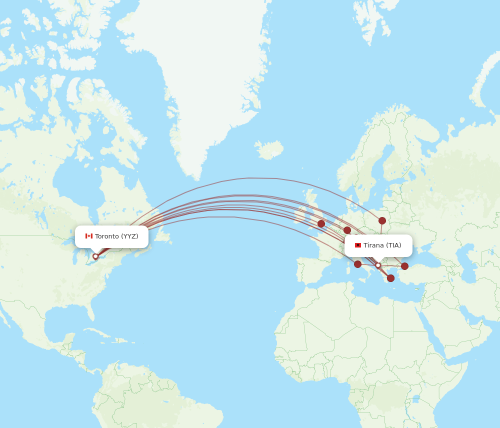 Toronto - Tirana route map and flight paths