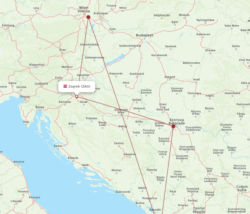 Zagreb - Tirana route map and flight paths