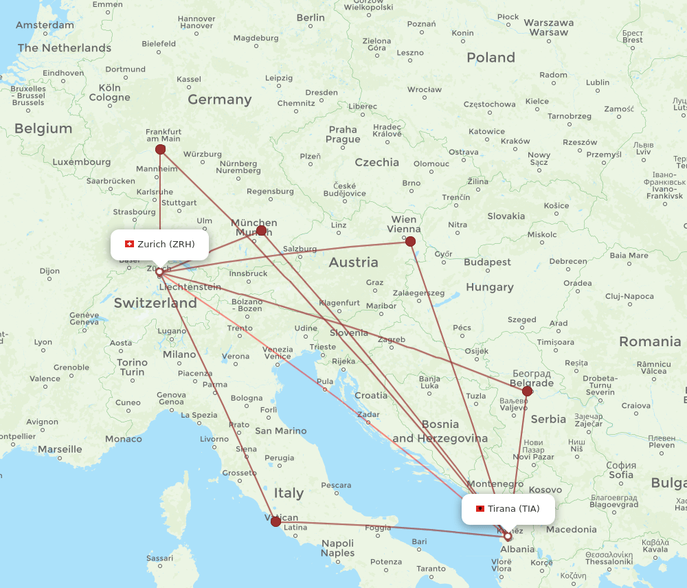 TIA-ZRH flight routes