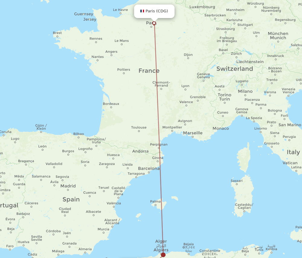 TID to CDG flights and routes map