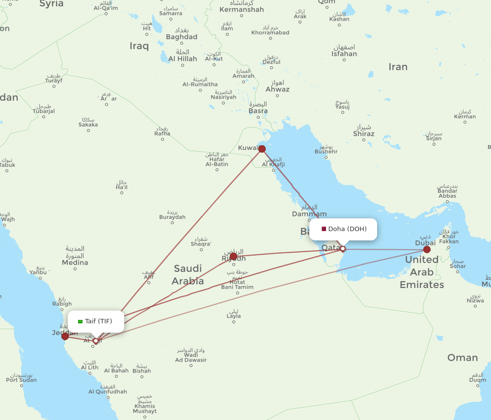 TIF to DOH flights and routes map