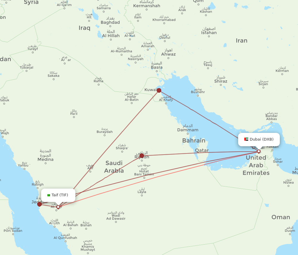 TIF to DXB flights and routes map