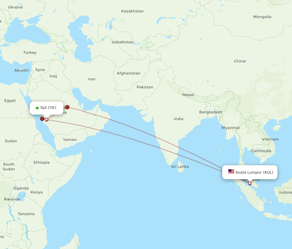 TIF to KUL flights and routes map