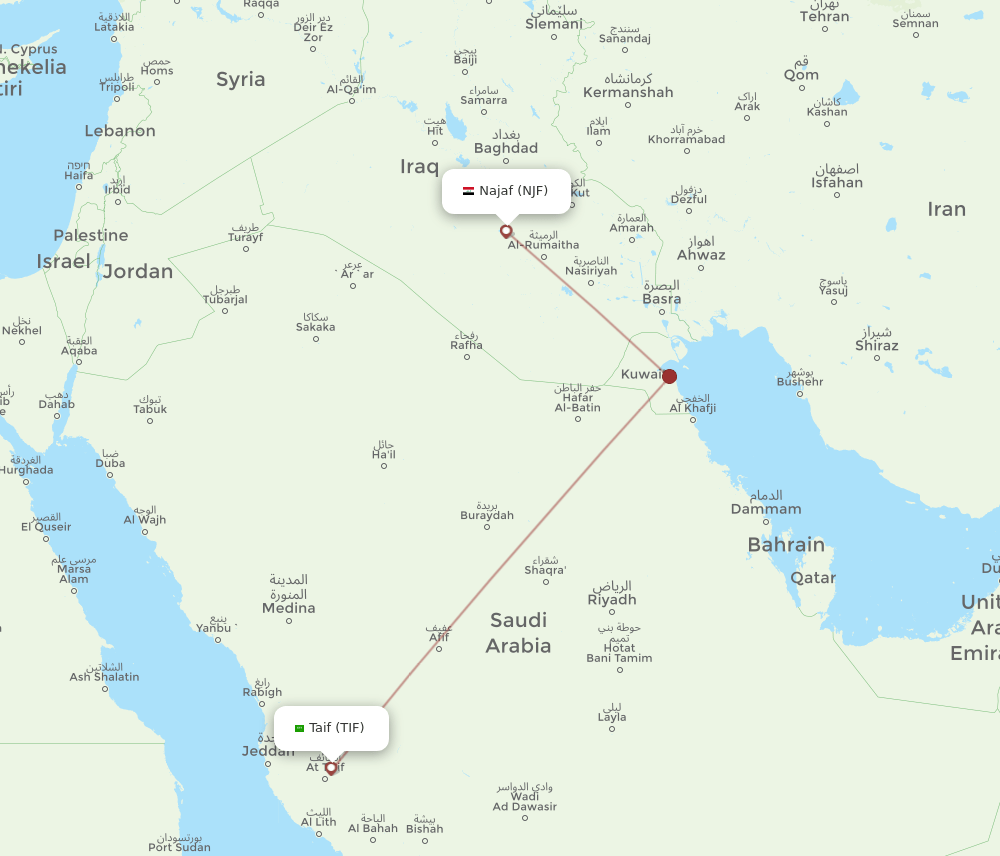 Taif - Al-Najaf route map and flight paths