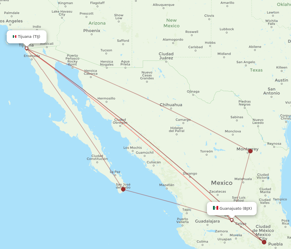 TIJ to BJX flights and routes map