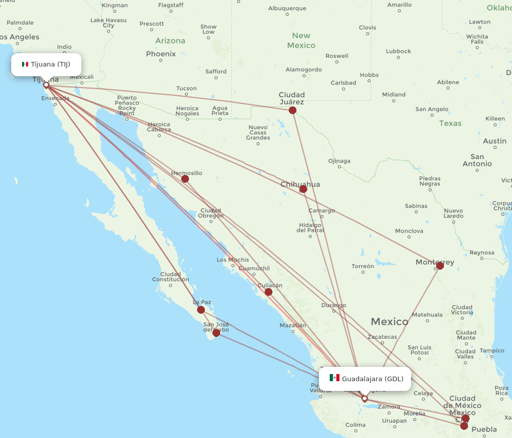 TIJ to GDL flights and routes map