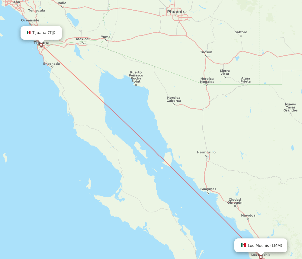 Tijuana - Los Mochis route map and flight paths