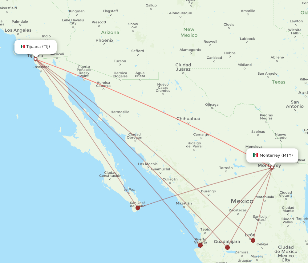 TIJ to MTY flights and routes map