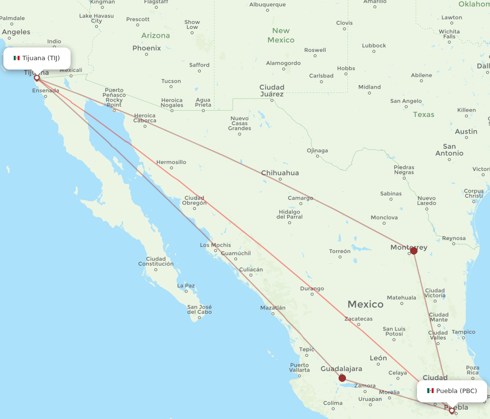 TIJ to PBC flights and routes map