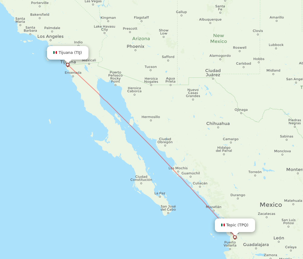 Tijuana - Tepic route map and flight paths