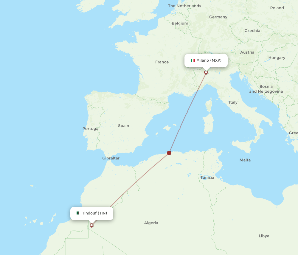 Milan - Tindouf route map and flight paths