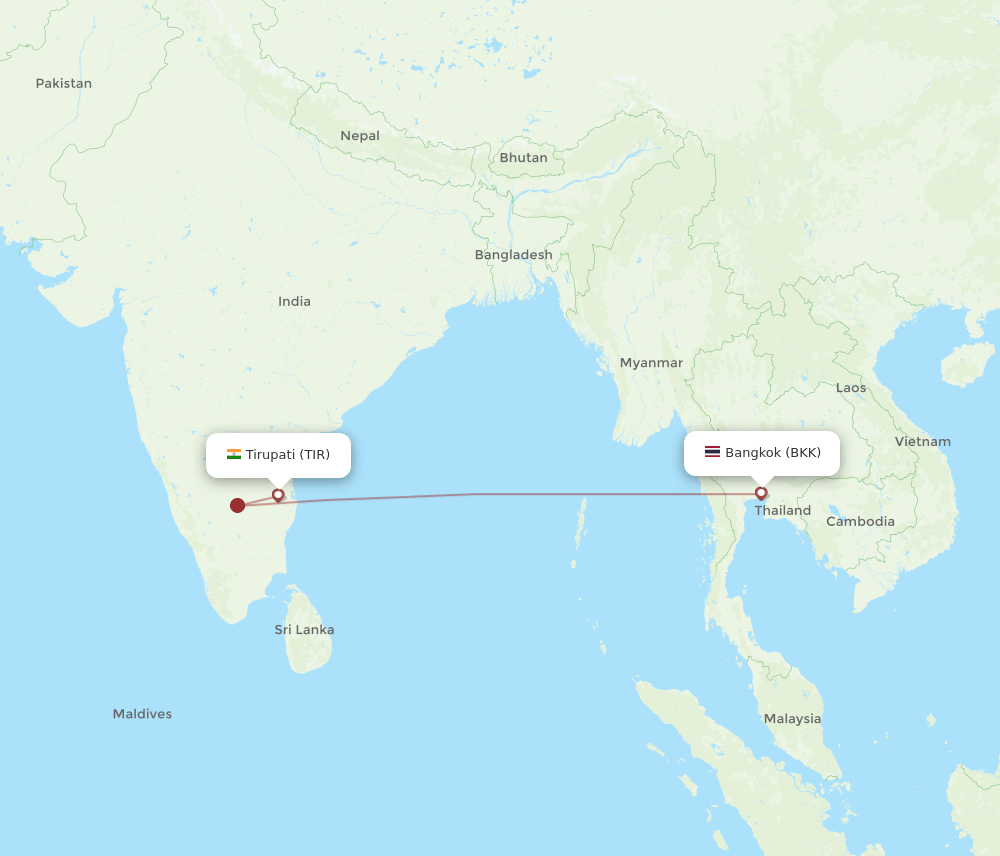 Tirupati - Bangkok route map and flight paths