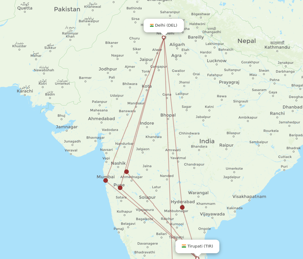 TIR-DEL flight routes