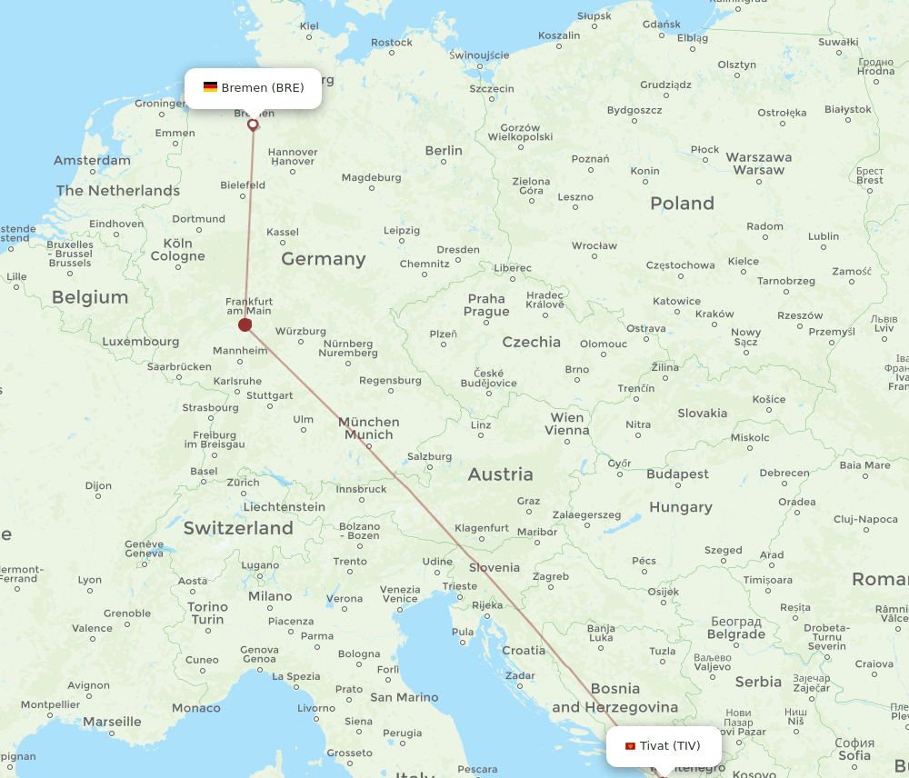 Bremen - Tivat route map and flight paths